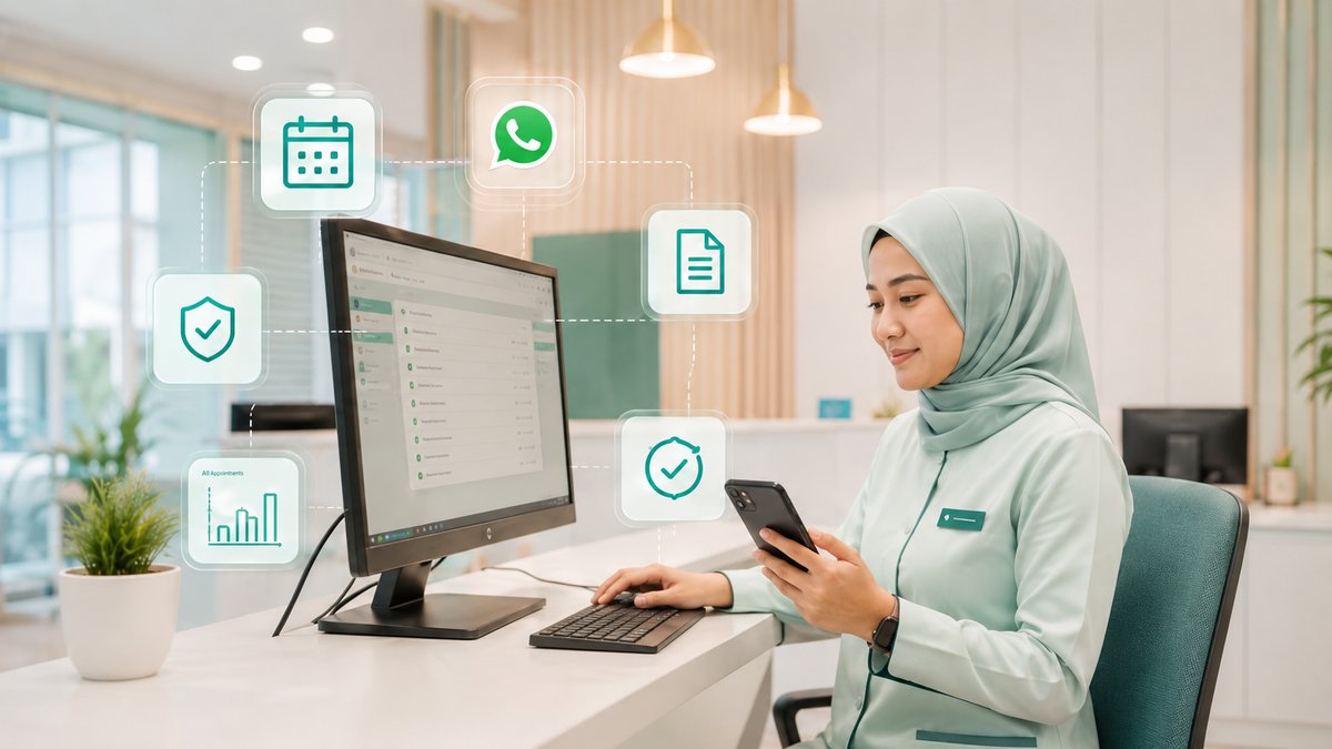 Clinic receptionist managing WhatsApp bookings, billing and records from one dashboard