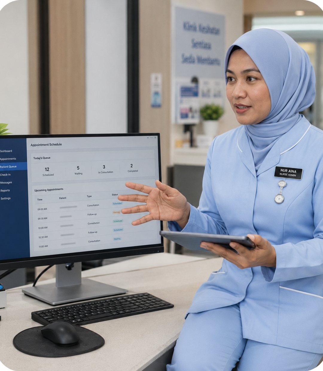 Malaysian clinic nurse using the CliniqueX patient queue dashboard